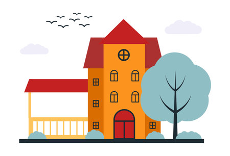 Vector three-storey house with red slate and windows eps 10, Vector a large house with a curtain near it and trees and shrubs in the yard eps 10のイラスト素材