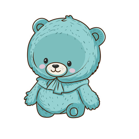 Vector turquoise soft teddy bear with checkered scarf icon. Vector childrens toy iconのイラスト素材