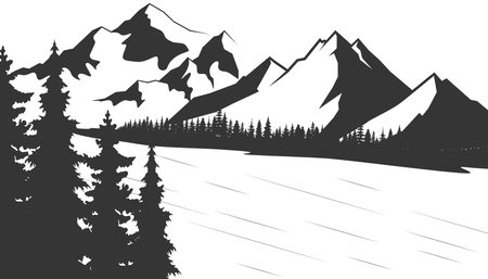 Mountains and forest. Vector island landscape illustration. Elements are layered separately in vector file.のイラスト素材