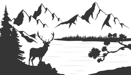 Herd of deer in the natural forest. Wild animals. Mountains horizon hills silhouettes of trees. Illustration vector styleのイラスト素材