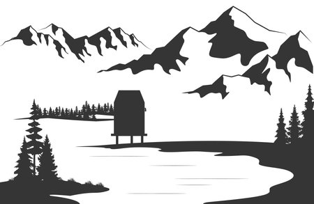 Landscape with large mountains. Nature sketch with house and river. Hand drawn illustration.のイラスト素材