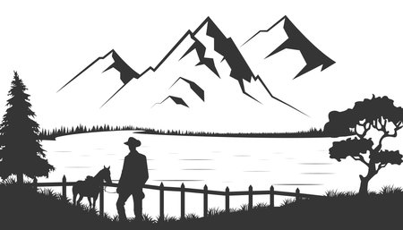 Horse man silhouette in mountain landscape background.のイラスト素材