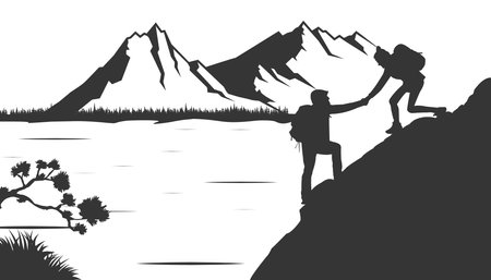 The guy, man extends a helping hand to the friend. Abstract landscape, Vector polygonal landscape illustration, Minimalist style, Flat design. Travel concept of discovering, exploring.のイラスト素材