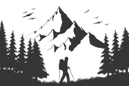 Hiker person hiking or trekking with backpack walking in mountain forest outdoor wilderness landscape, vector illustrationのイラスト素材