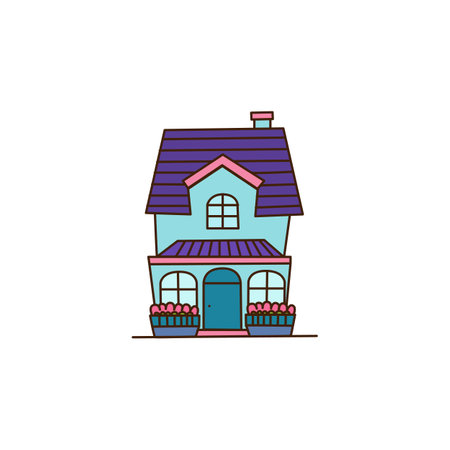 Vector cartoon purple house. Cute building. Child town illustration. Cartoon flat vector illustration, isolated on whiteのイラスト素材