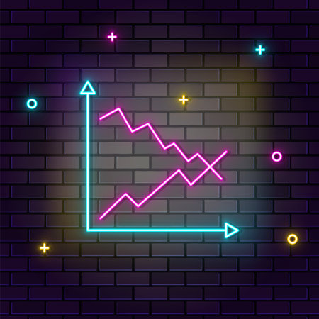 Business growth, graph, multicolor neon icon on dark brick wallのイラスト素材