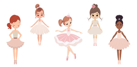 Cute Ballerina Girl Dancing. Five Multicultural Ballerinas Set. African American Child wear Pink Tutu Dress and Dancing Pointe Training. Caucasian Ballet Baby Girl Cartoon Vector Illustration.のイラスト素材