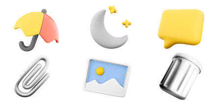 3d rendering hibernate, paper clip, trash can, image, Message Notification, umbrella icon set. 3d...