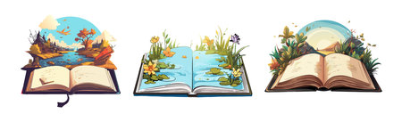 three reading books. three earth vector illustrations. landscape drawing on books vector illustration on white backgroundのイラスト素材