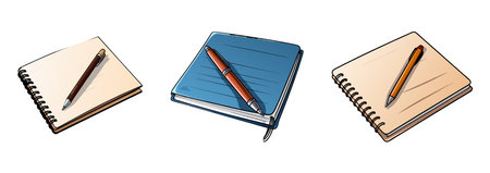 three notebooks with pens. blue white and cream notebooks vector illustration. vector notebooks and pens illustration on white backgroundのイラスト素材
