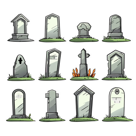 vector set of various tombstones. Stone marble tombstones. Memory of the dead vector illustration on white backgroundのイラスト素材