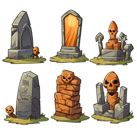vector set of various tombstones. Stone marble tombstones. Memory of the dead vector illustration on white backgroundのイラスト素材