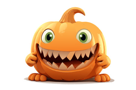 vector halloween pumpkin with green eyes. smiling jack o lantern. scary orange pumpkin vector illustration on white backgroundのイラスト素材