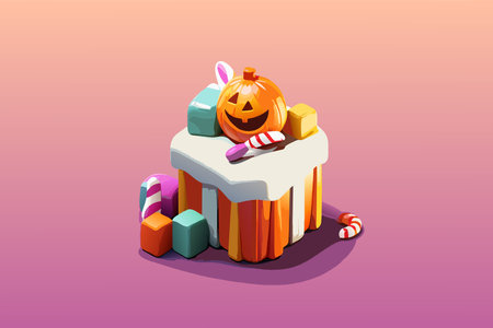 vector halloween candy bag. colorful holiday sweets. smiling candies vector illustration on pink backgroundのイラスト素材