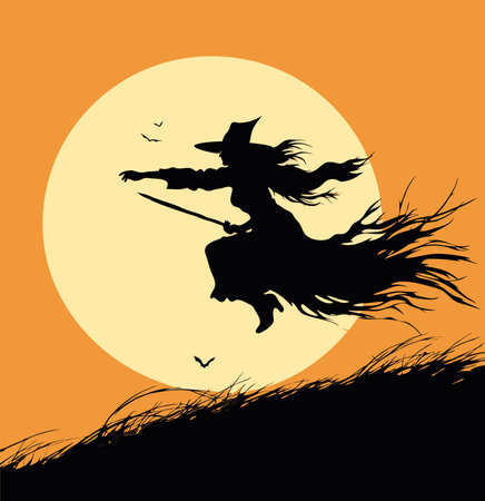 vector beautiful witch. flying witch with broom. black witch silhoutte vector illustration on yellow moon backgroundのイラスト素材