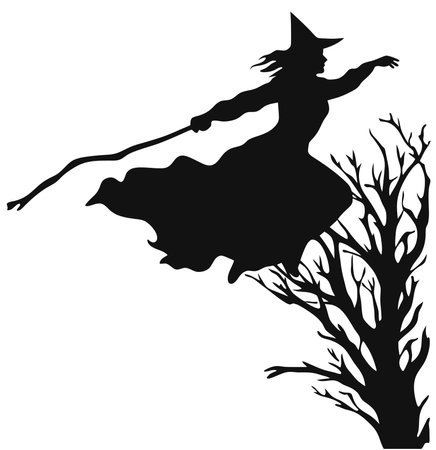 vector beautiful witch. flying witch with broom. black witch silhoutte vector illustration on white backgroundのイラスト素材