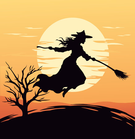 vector beautiful witch. flying witch with broom. black witch silhoutte vector illustration on yellow moon backgroundのイラスト素材