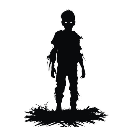 vector standing zombie with creepy face. halloween zombie with dark hollow. monster with scary face and raising hands vector illustration on white backgroundのイラスト素材