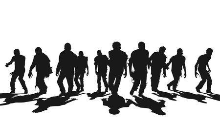 vector a set of zombie silhouettes. vector walking zombies. zombies with their shadows vector illustration on white backgroundのイラスト素材