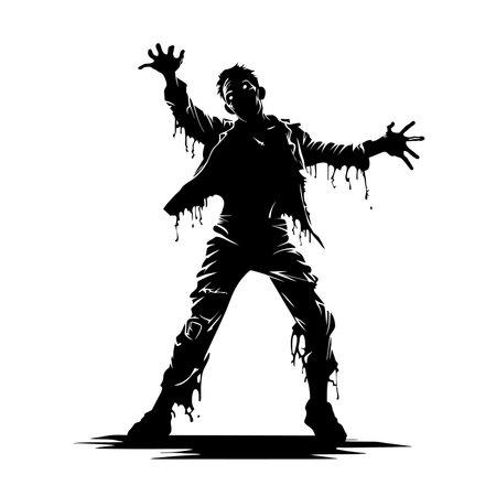 vector standing zombie with creepy face. halloween zombie with dark hollow. monster with scary face and raising hands vector illustration on white backgroundのイラスト素材
