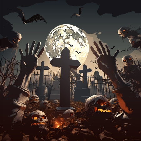 vector halloween raising hands with cross. zombie hands with lantern. skeleton hands with heads vector illustrationのイラスト素材