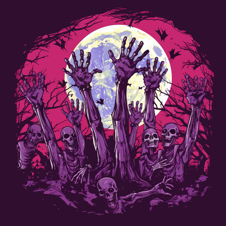 vector halloween raising hands with cross. zombie hands with lantern. skeleton hands with heads vector illustration on violet backgroundのイラスト素材
