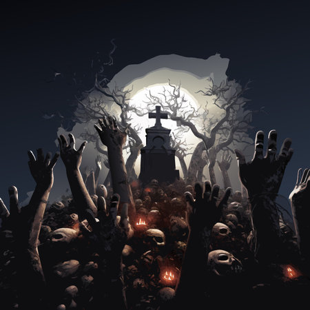 vector halloween raising hands with cross. zombie hands with lantern. skeleton hands with heads vector illustrationのイラスト素材