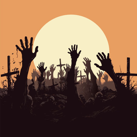 Zombie hands silhouette. Creepy zombie crooked lambs stick out of graveyard ground vector illustration set. Halloween zombie hands vector on white backgroundのイラスト素材
