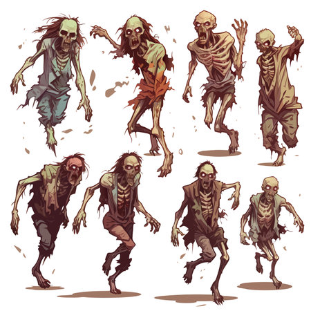 vector running zombies. walking zombies. a set of zombies escaping vector illustration on white backgroundのイラスト素材