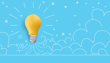Light bulbs rocket launch. Electric extinct lightbulbs the ground and one took off like a rocket. Concept of business startup and idea or choosing successful idea from many failed ones. Vector.のイラスト素材