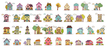 Cute small houses in town or village vector illustration set. Cartoon various houses facade collection, colorful building cottage with door, window and chimney on roof, front view isolated on whiteのイラスト素材