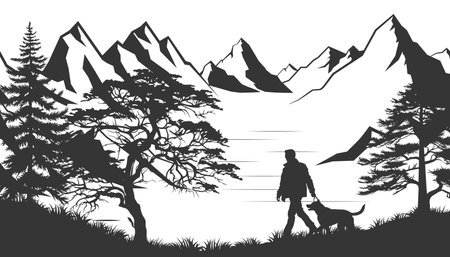 Mountains silhouettes. Mountains vector, Mountains vector of outdoor design elements, Mountain scenery, trees, pine vector, Mountain sceneryのイラスト素材