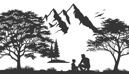 Mountains silhouettes. Mountains vector, Mountains vector of outdoor design elements, Mountain scenery, trees, pine vector, Mountain scenery.のイラスト素材