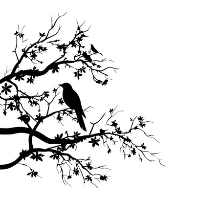Birds silhouettes on branch, Vector. Birds couple silhouette on branch isolated on white background, illustration. Wall Decals, Wall Art Decoration. Wall artworkのイラスト素材