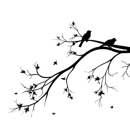 Birds silhouettes on branch, Vector. Birds couple silhouette on branch isolated on white background, illustration. Wall Decals, Wall Art Decoration. Wall artworkのイラスト素材
