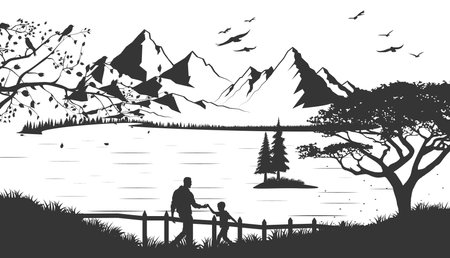 Father and children with Happy Father s day text on mountain and lake background.のイラスト素材