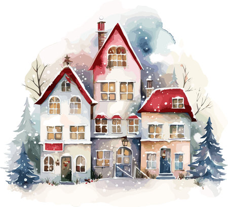 vector christmas house covered snow . building in holiday ornament. happy new year decoration vector illustration on white background. AI generated illustrationのイラスト素材