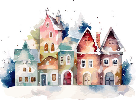 vector christmas house covered snow . building in holiday ornament. happy new year decoration vector illustration on white background. AI generated illustrationのイラスト素材