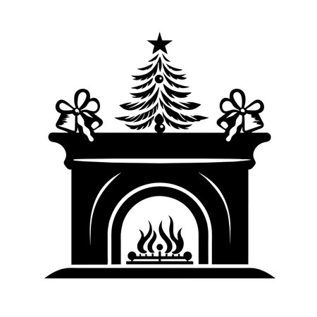 Christmas fireplace icon. The fireplace is decorated with New Year s socks. Fire in the fireplace. The symbol of comfort. Hand drawn vector illustration.のイラスト素材