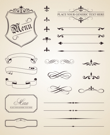 This image is a vector file representing a set of calligraphic and page decoration elements.のイラスト素材