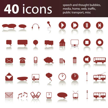 40 icons: speech and thought bubbles, media, home, web, traffic, public transport のイラスト素材