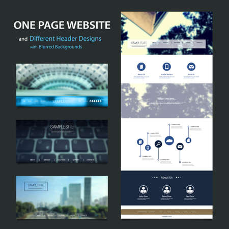 One Page Website Template and Different Header Designs with Blurred Backgroundsのイラスト素材