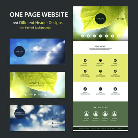 One Page Website Template and Different Header Designs with Blurred Backgroundsのイラスト素材