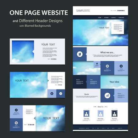 One Page Website Template and Different Header Designs with Blurred Backgroundsのイラスト素材