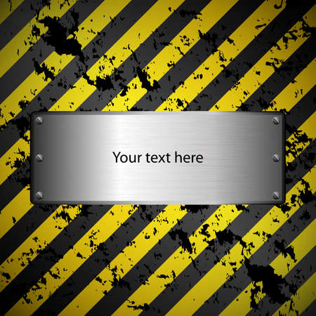 Grungy Vector Warning Background with Diagonal Yellow and Black Stripes and Metallic Labelのイラスト素材
