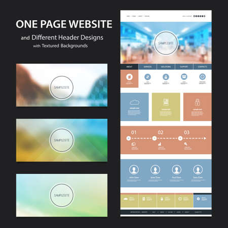 One Page Website Template and Different Header Designs with Blurred Backgroundsのイラスト素材