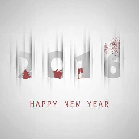 Simple Grey New Year Card, Cover or Background Design Template With Christmas Tree, Gift Box, Drinking Glasses And Fireworks Icons - 2016のイラスト素材