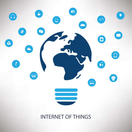 White And Blue Networking Concept Design With Earth Globe, Light Bulb And Various Icons - Internet Of Things Conceptのイラスト素材