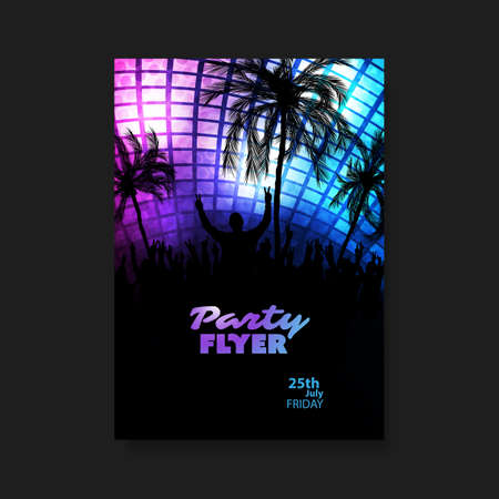 Party Flyer or Cover Design With Dancing Guys, Palms And Colorful Backgroundのイラスト素材