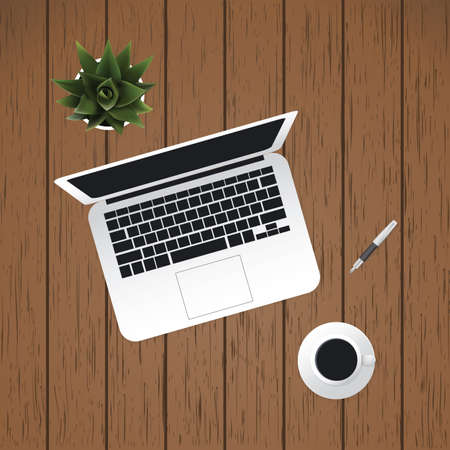 Laptop, Coffee Cup, Pen: Work Tools of a Digital Nomad - Modern Style Flat Illustration, Business Vector Design Concept on Wooden Backgroundのイラスト素材